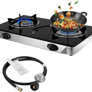 BreeRainz 2-Burner Moveable Propane Fuel Range with Auto Ignition and Tempered Glass Cooktop for Indoor and Out of doors Use, Splendid for Residences, RVs, and Tenting