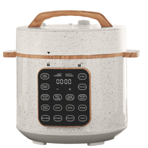 The Pioneer Lady 6-Quart Stress Cooker with Contact Management Show in Linen Speckle – Model New